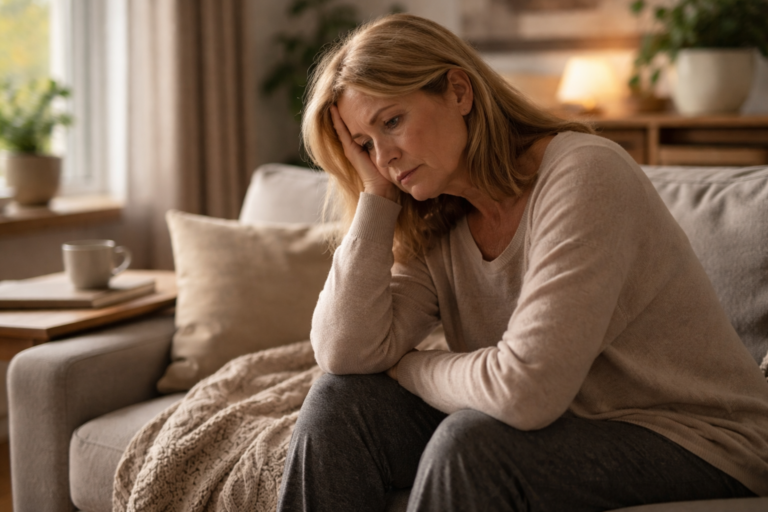Someone resting on a couch in a cozy living room, appearing deep in thought