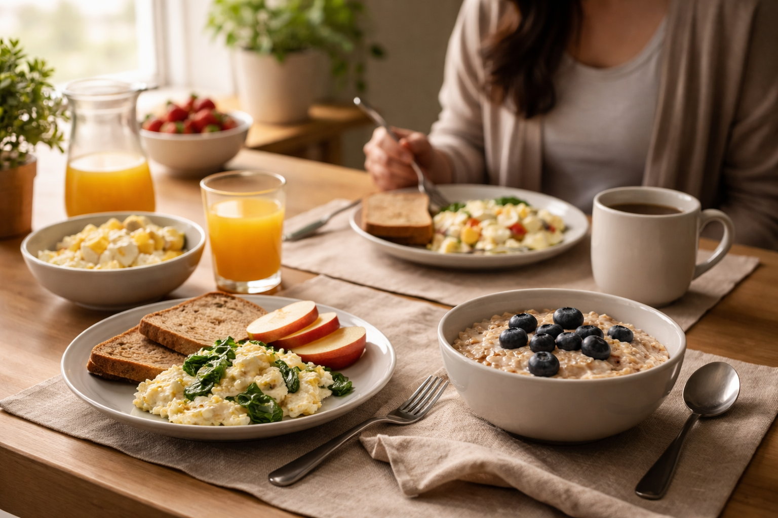 A warm kitchen table with oatmeal topped with blueberries, toast, and a plate of eggs with greens