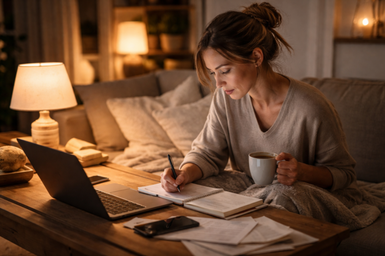 A softly lit living room with a warm table lamp glowing beside a couch in the evening