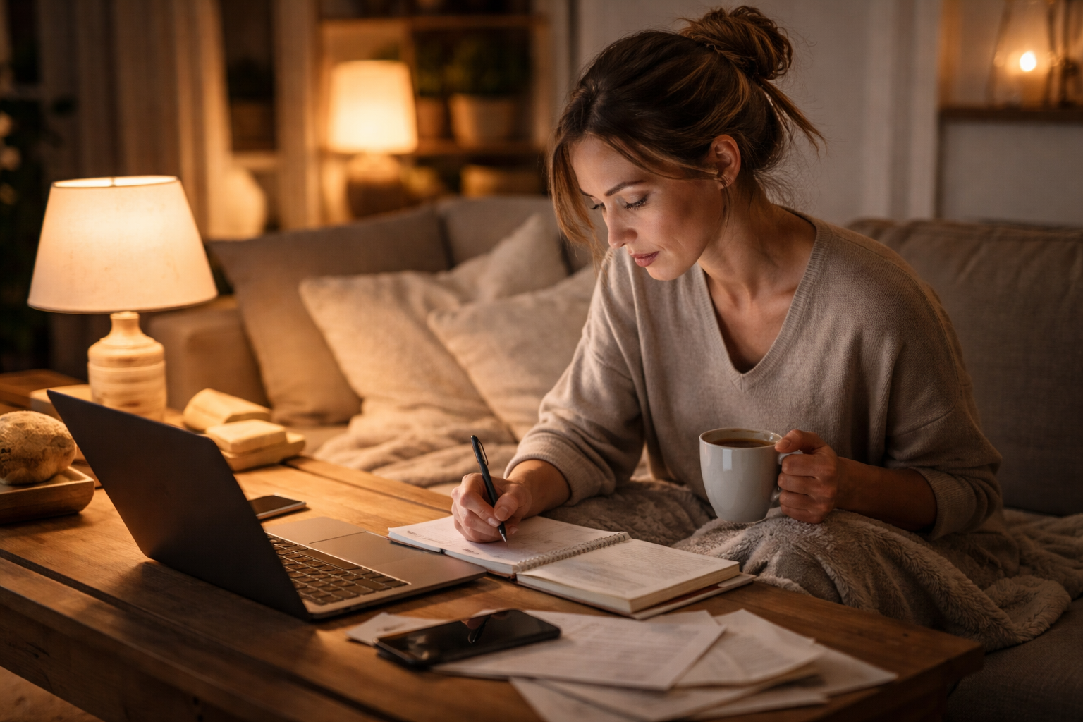 A softly lit living room with a warm table lamp glowing beside a couch in the evening