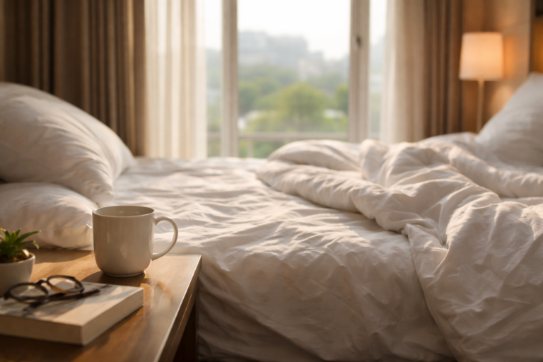 Soft morning light coming through sheer curtains into a simple bedroom with unmade white sheets