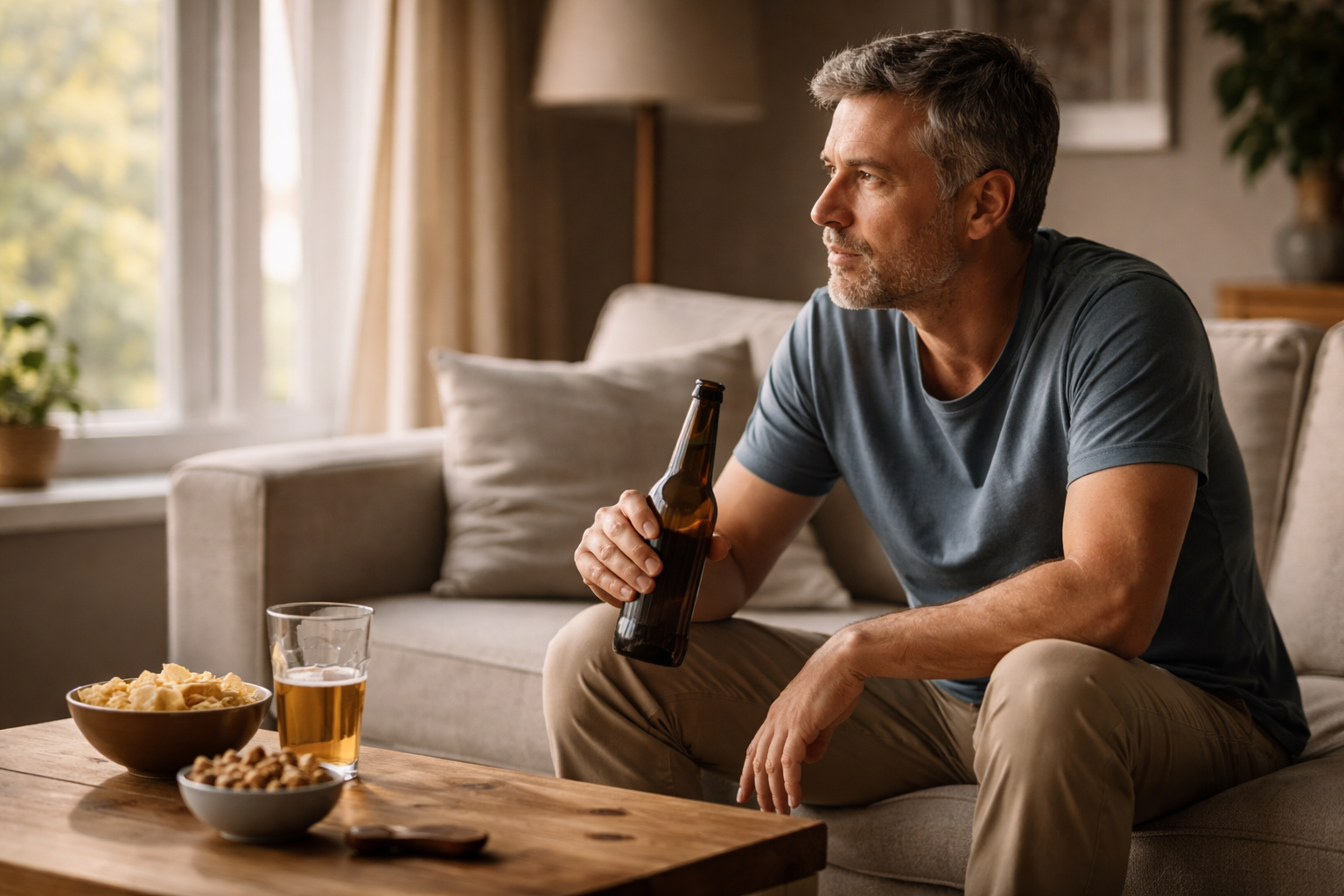 A man sits by a window in the evening holding a glass while looking outside