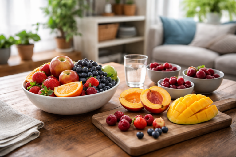 A large bowl filled with apples, grapes, strawberries, and orange slices sitting on a wooden table