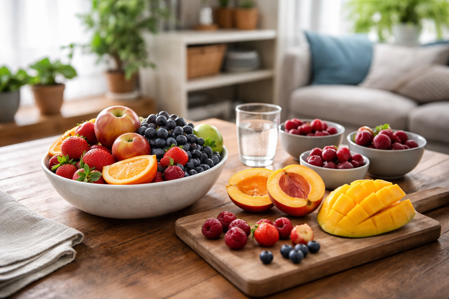 A large bowl filled with apples, grapes, strawberries, and orange slices sitting on a wooden table