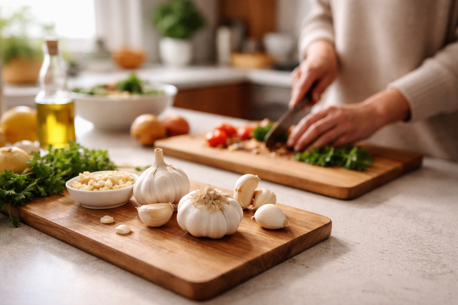 Several garlic bulbs and peeled cloves resting on a wooden cutting board in a softly lit kitchen