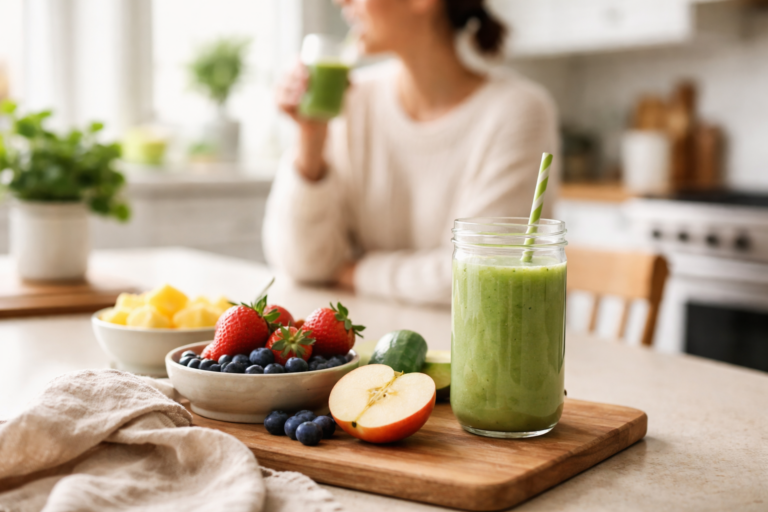 A glass jar of green smoothie on a wooden board with fresh fruit in a bright kitchen