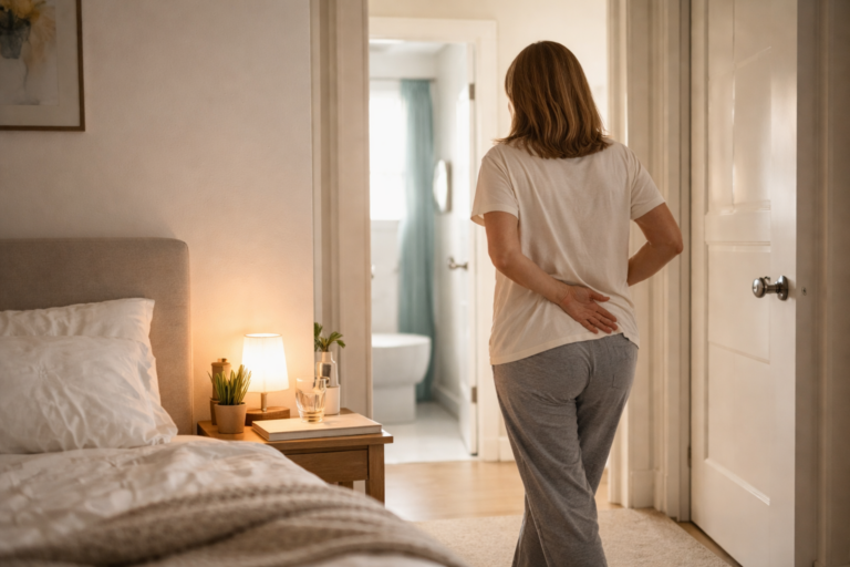 Someone standing in a living room gently holding their lower back