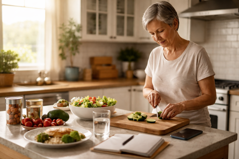 A person preparing fresh vegetables on a countertop with a bowl of salad and natural light filling the room