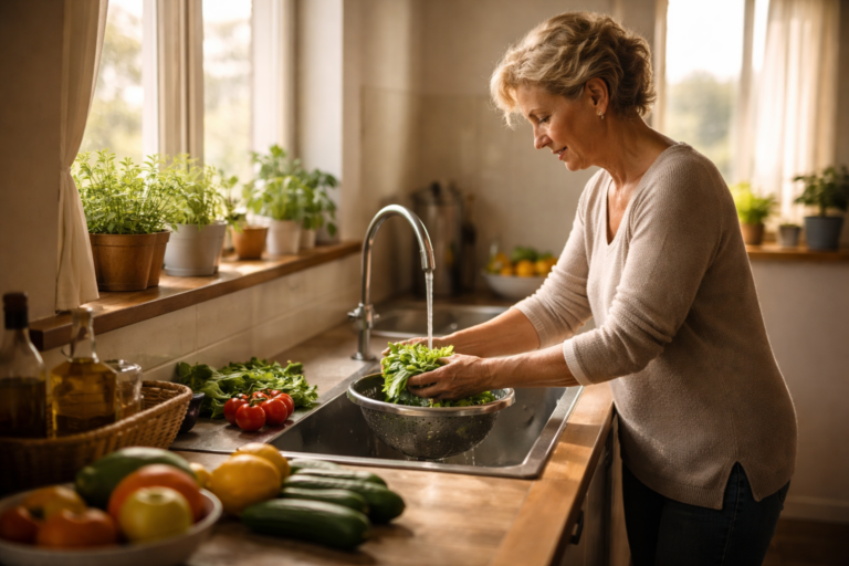 A bowl of fresh vegetables sitting on a kitchen counter near a window with soft natural light