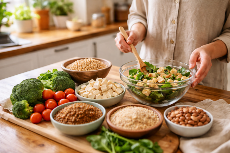 A person gently mixes a bowl of leafy greens and small cubes at a wooden counter in a bright kitchen