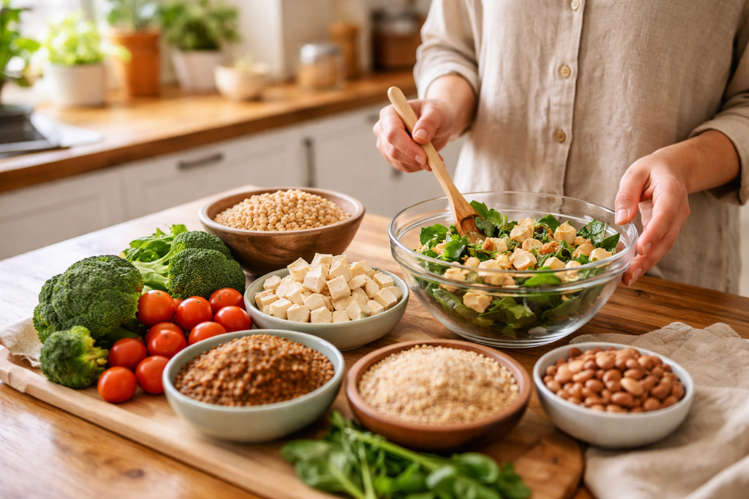 A person gently mixes a bowl of leafy greens and small cubes at a wooden counter in a bright kitchen