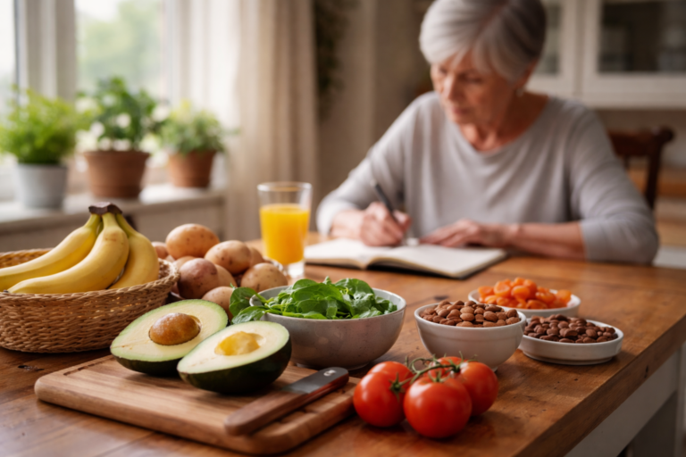 A wooden table with bananas, avocado halves, spinach, and small bowls of nuts while a woman writes in a notebook nearby