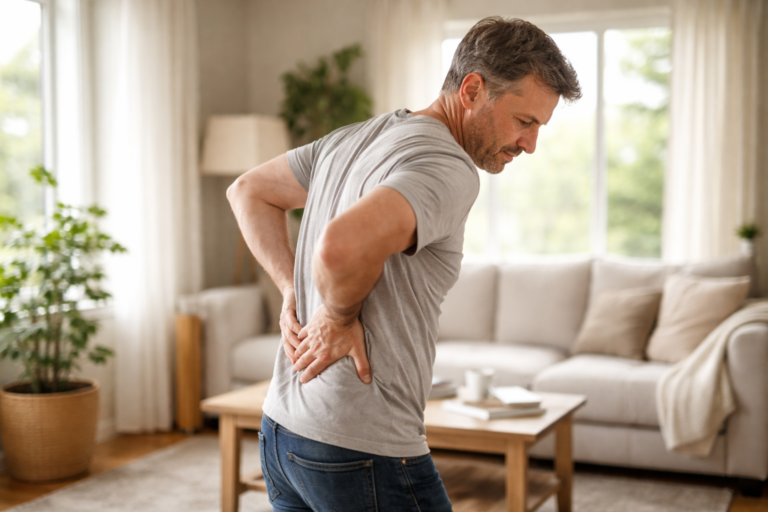 Man leaning back on couch in soft afternoon light