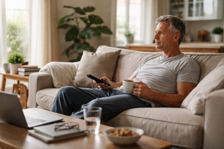 A man sits on a beige couch holding a coffee mug and a remote in a softly lit living room