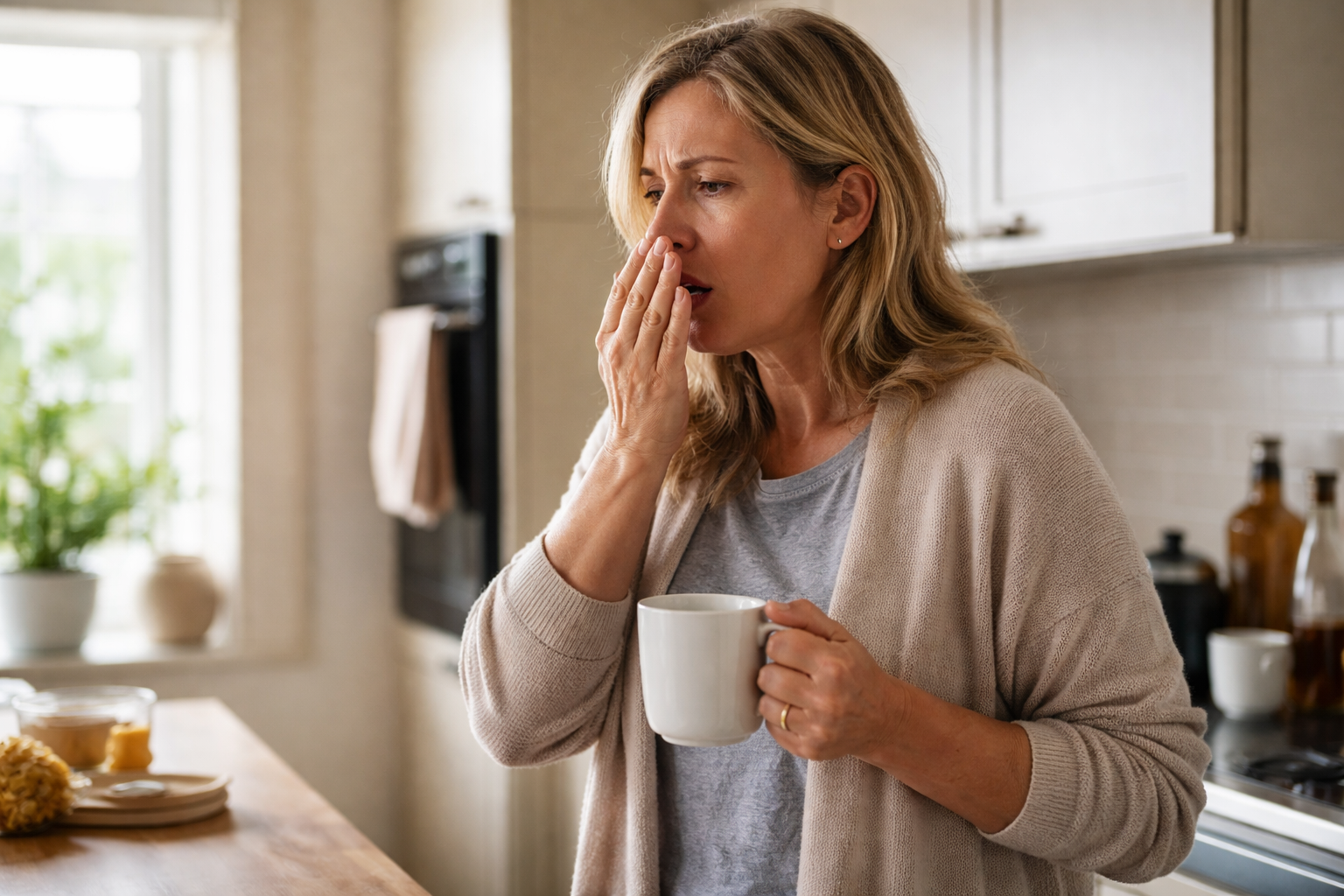 Woman resting hand near mouth beside window in calm room