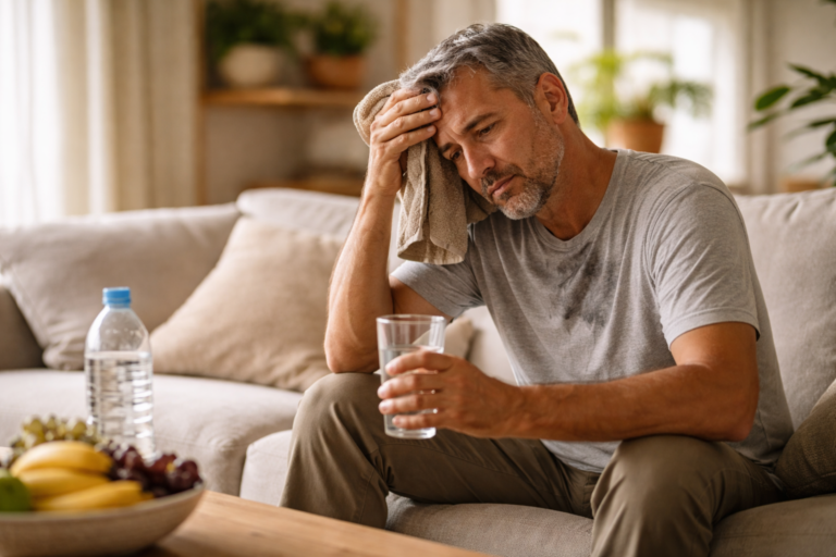 A middle-aged man sits on a couch holding a glass of water, looking tired with a towel pressed to his head