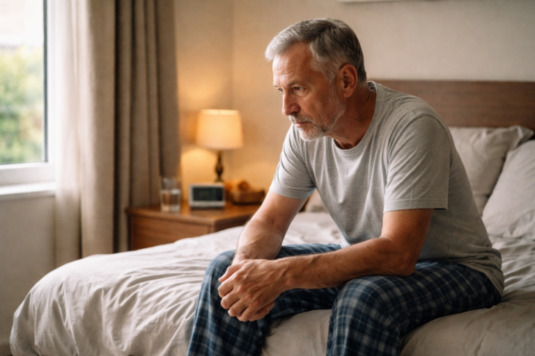 A man sits on the edge of a bed in soft afternoon light coming through curtains