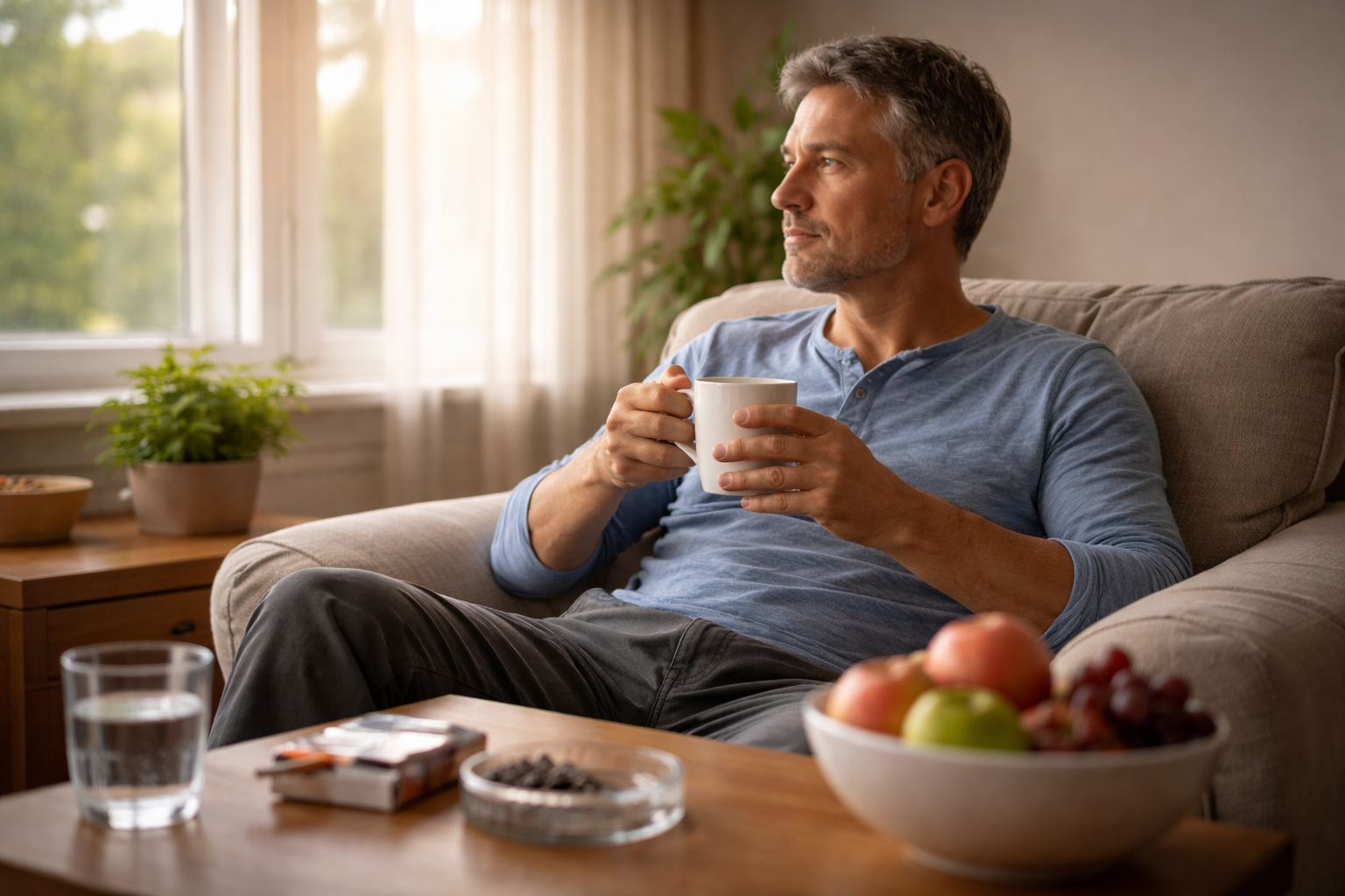 A man sitting on a couch holding a mug and looking out a sunlit window