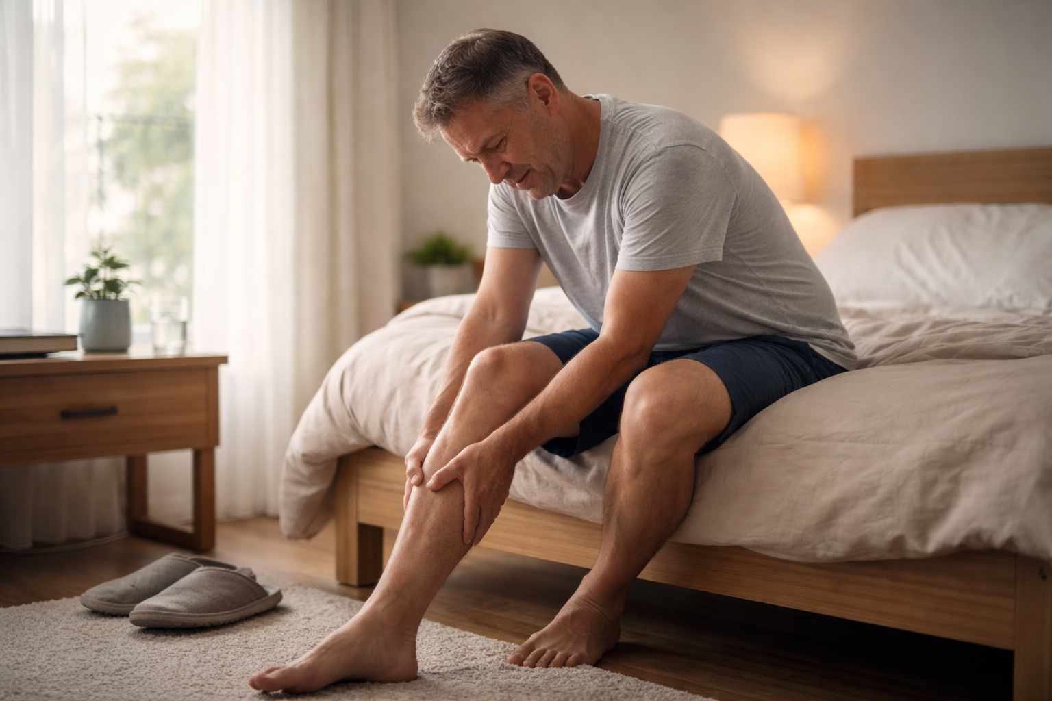 Man sitting on bed gently holding his lower leg