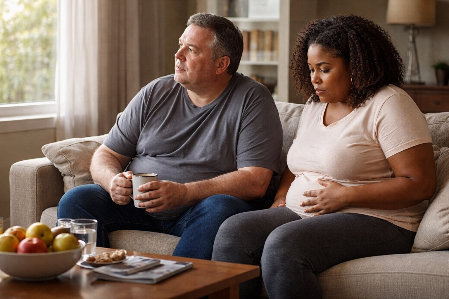 A man sits quietly on a couch looking out a sunlit window in a calm living room