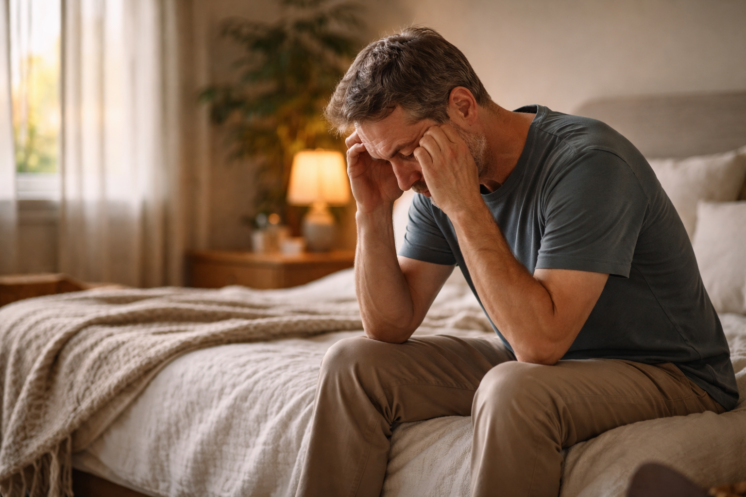 A man sitting quietly on a sofa in soft afternoon light, looking thoughtful and slightly distant