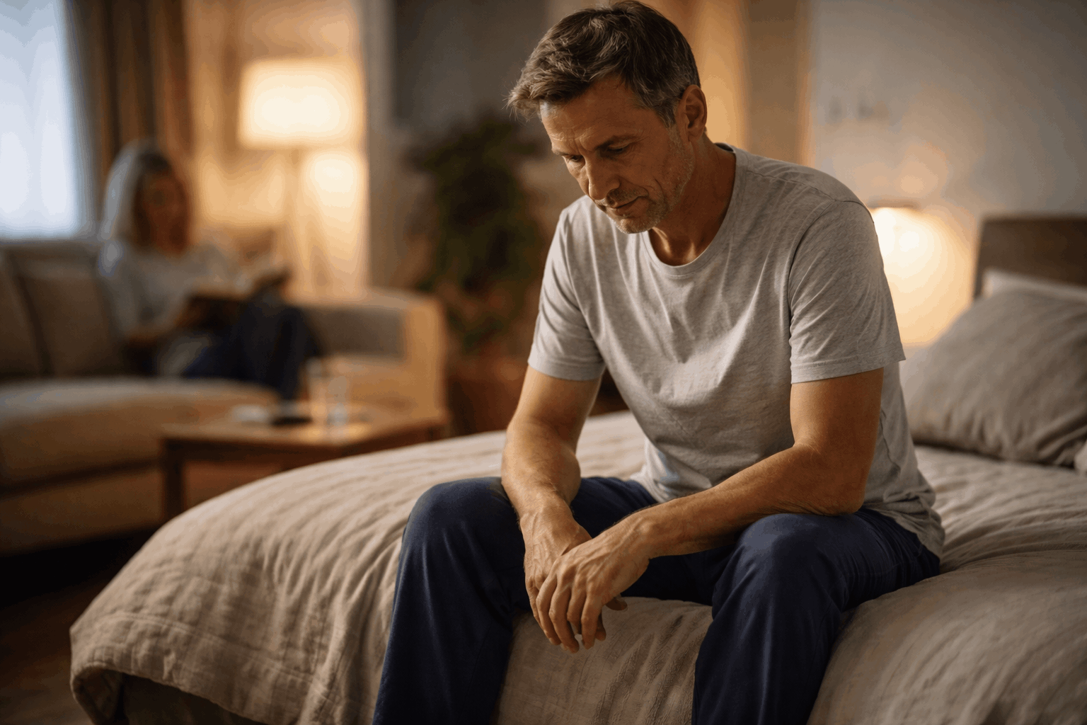 A man sitting on the edge of a bed with his hands together, looking down in a softly lit bedroom