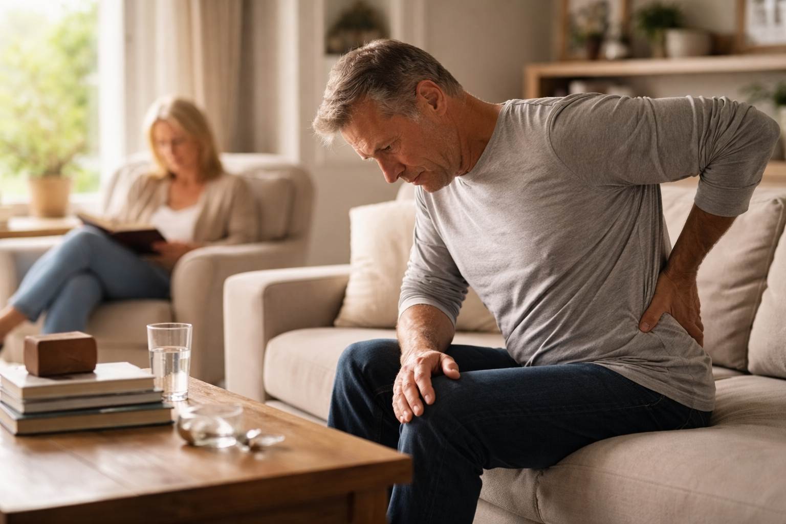 A middle-aged man sits on a sofa, leaning slightly forward in a quiet living room