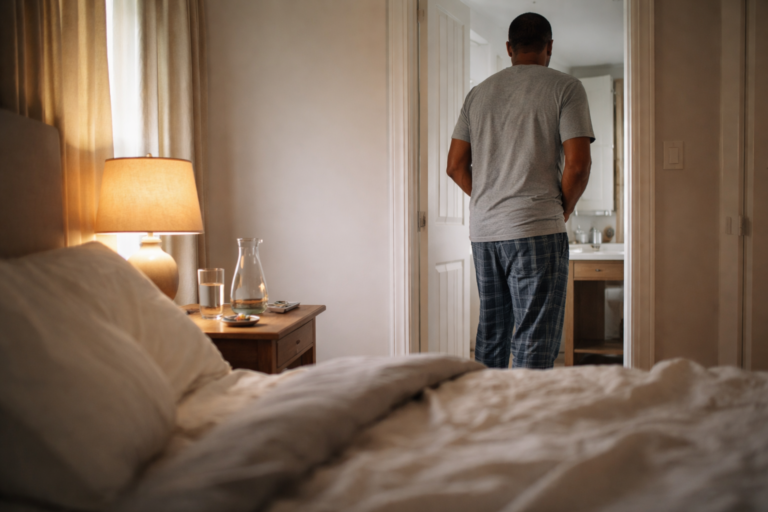 A man in pajamas walking from a softly lit bedroom toward an open bathroom door