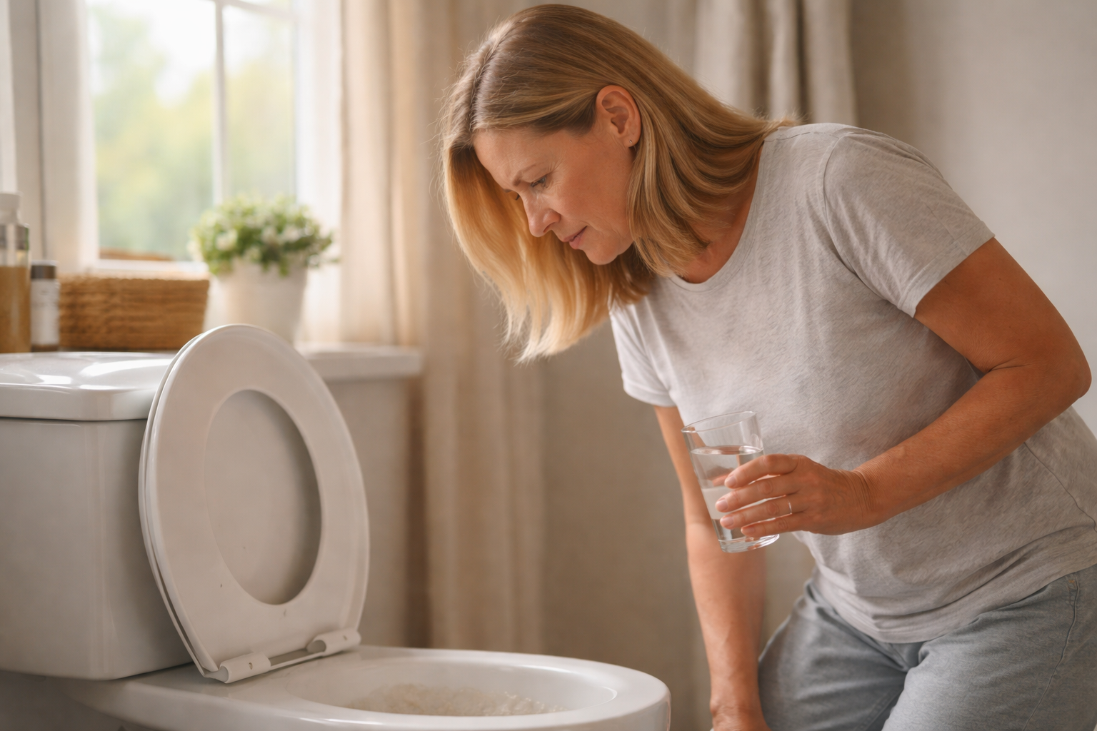 A bathroom countertop with a frosted mirror reflecting soft morning light.