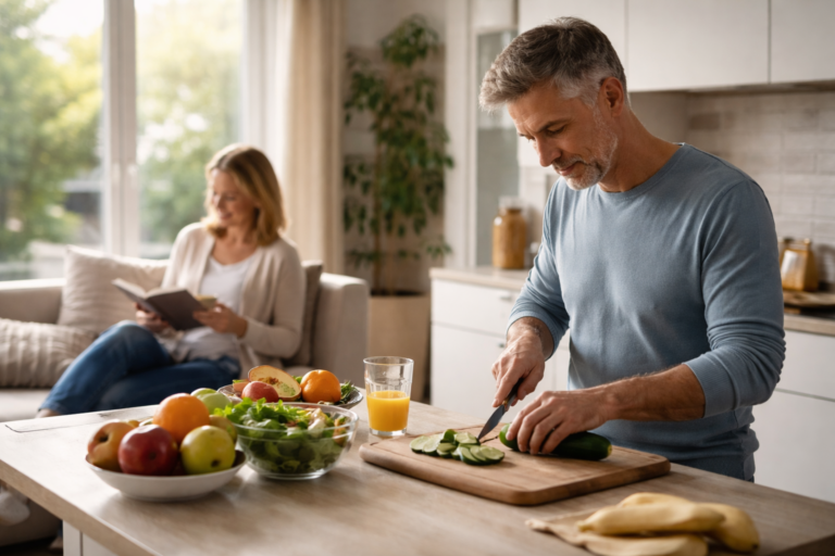 Sunlight falling on a kitchen table with fruit and a glass of water