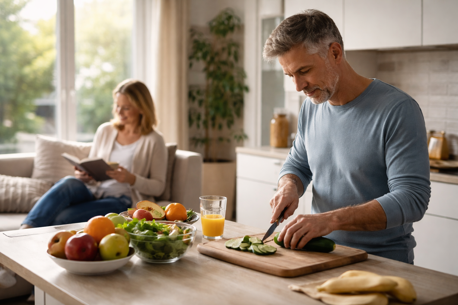 Sunlight falling on a kitchen table with fruit and a glass of water