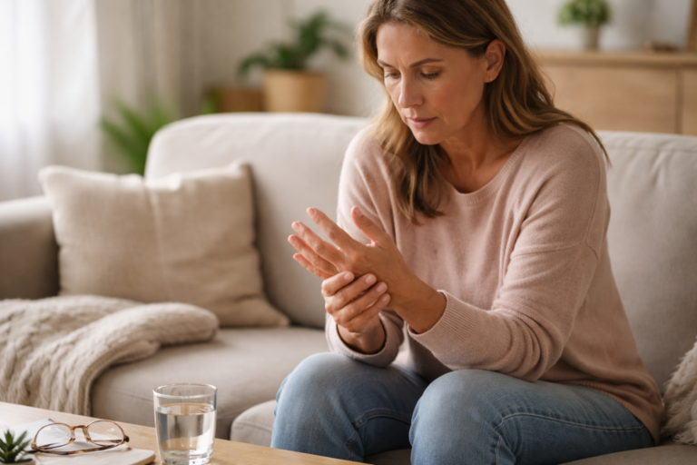 Person holding one hand up and examining their fingers beside a bright window