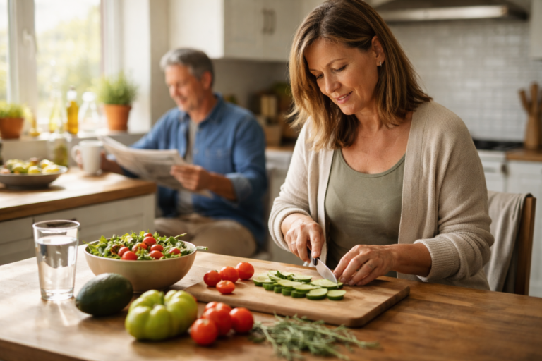 A person preparing a salad at the kitchen counter with tomatoes, greens, and herbs in natural light