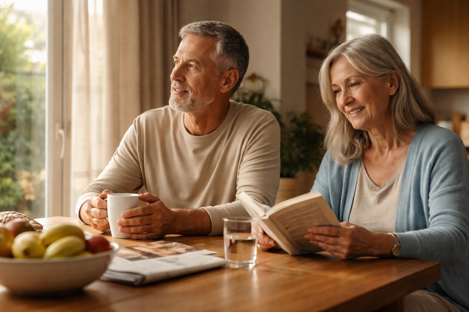 An older couple sitting at a wooden table, one holding a mug while the other reads a book