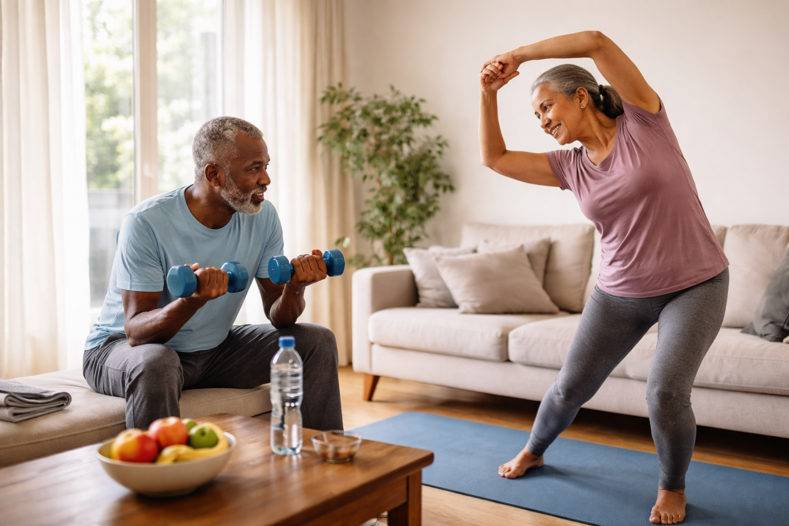 An older couple exercising together in a bright living room, one seated lifting small weights while the other stretches on a mat