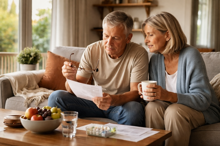 An older couple sits on a couch looking at a piece of paper together in a softly lit living room