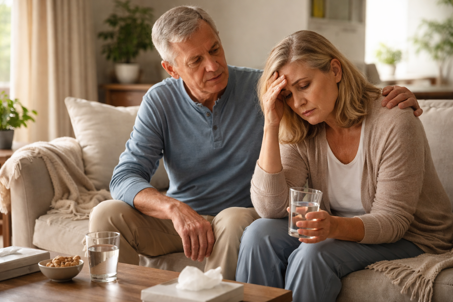 An older couple sitting close together on a sofa in a softly lit living room