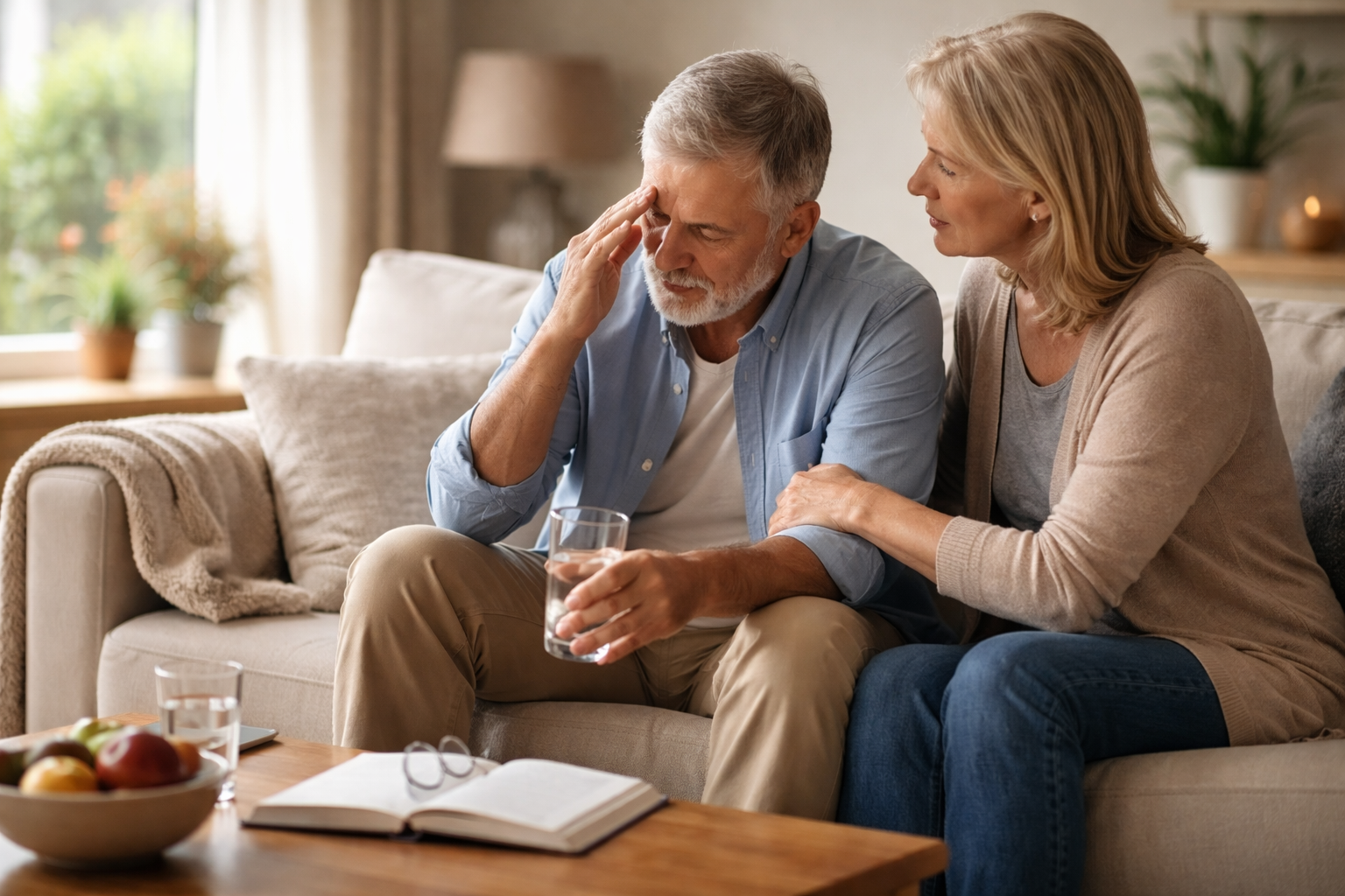 An older man sits on a couch holding a glass of water while a woman gently rests her hand on his arm
