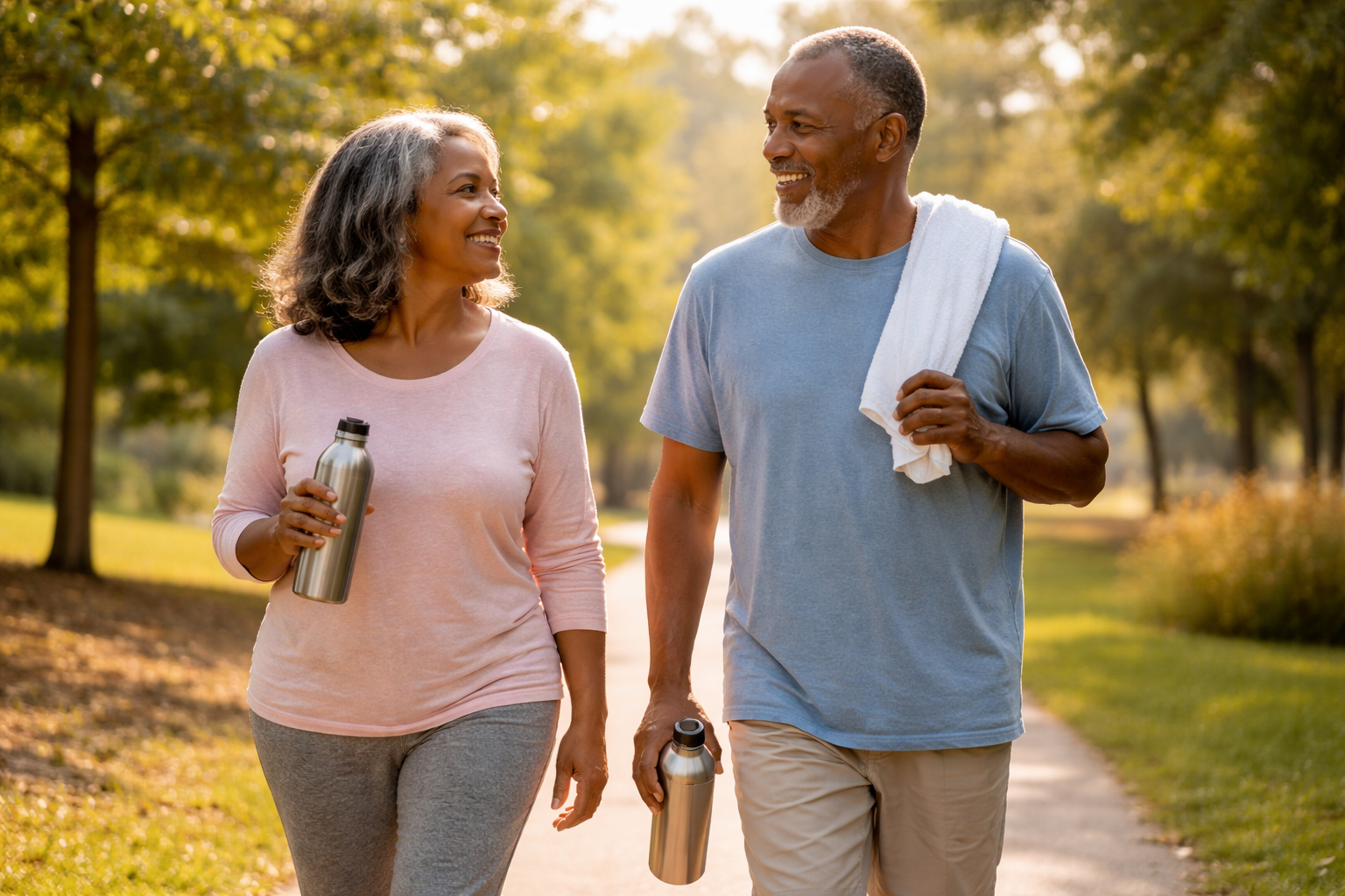 An older couple walking side by side on a tree-lined path during golden hour