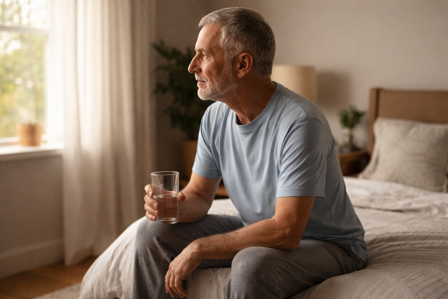 An older man sits on the edge of a bed holding a glass of water while looking toward a sunlit window