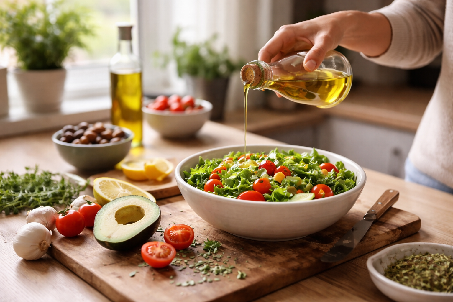 A hand pours golden olive oil over a bowl of fresh green salad with cherry tomatoes and chickpeas