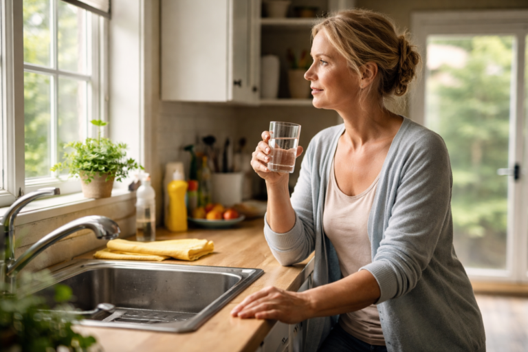 Person holding a glass of water beside kitchen sink