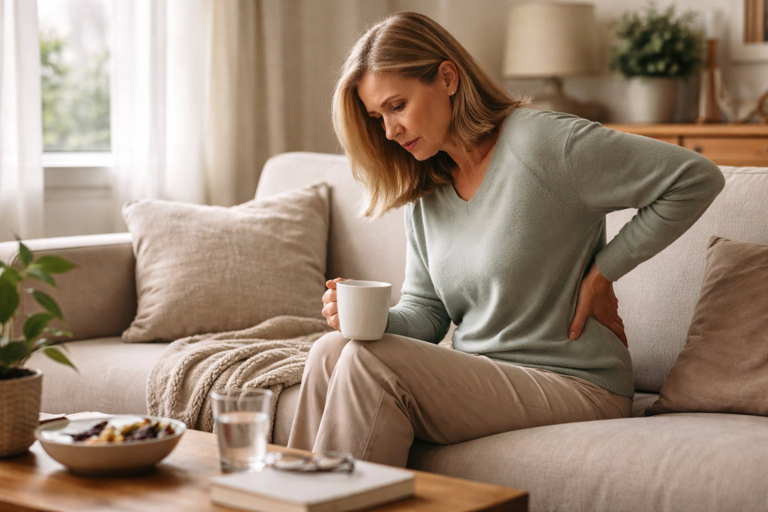 A person holding a warm mug while looking out a bright living room window