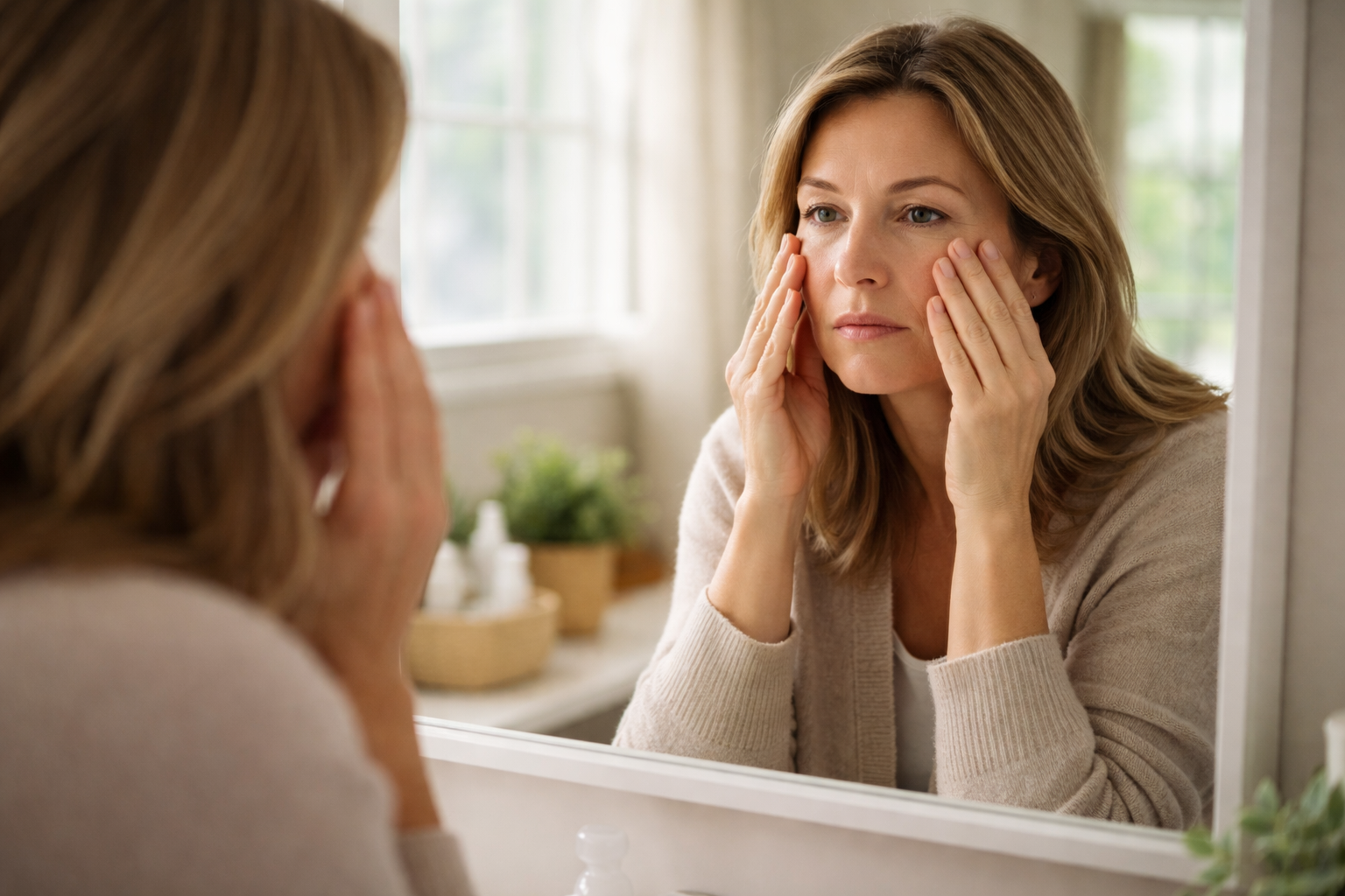 A person standing in front of a bathroom mirror while soft morning light enters through a nearby window