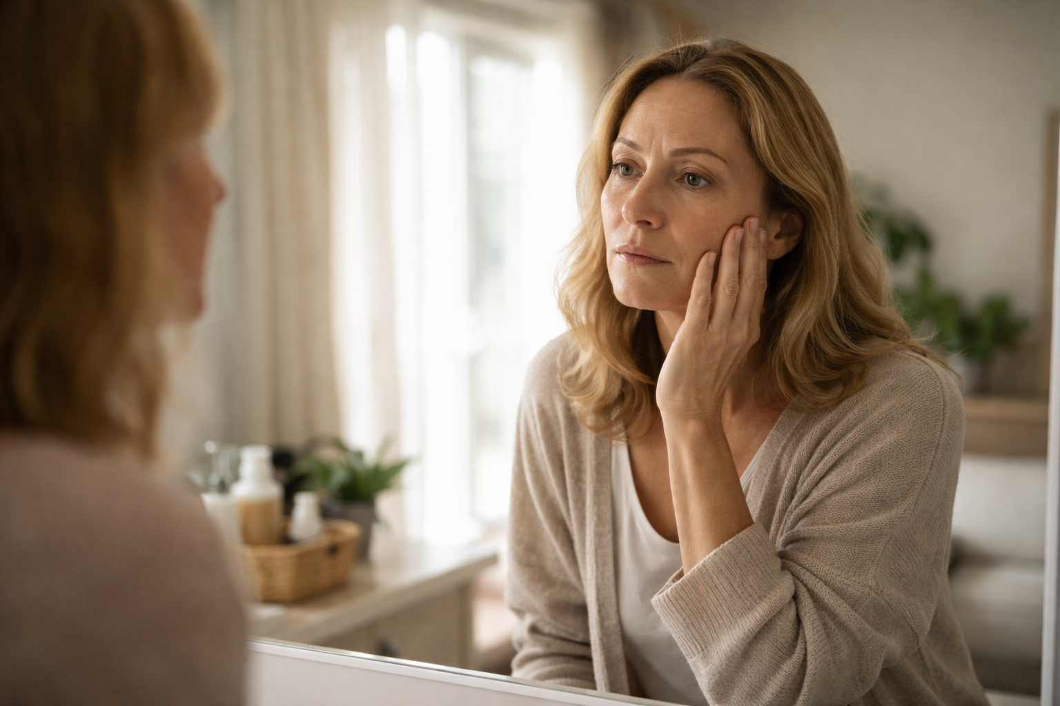 A person standing in front of a bathroom mirror in soft morning light, looking at their reflection