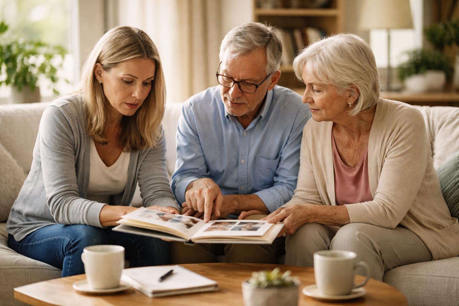 A person sitting at a wooden table flipping through a photo album in soft daylight