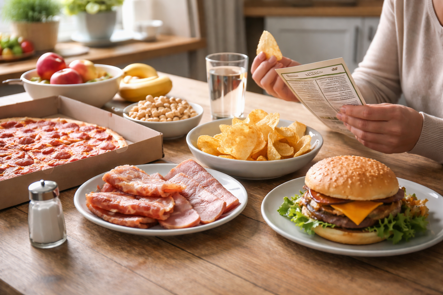 A person sits at a wooden table holding a snack and reading a label with various foods spread out