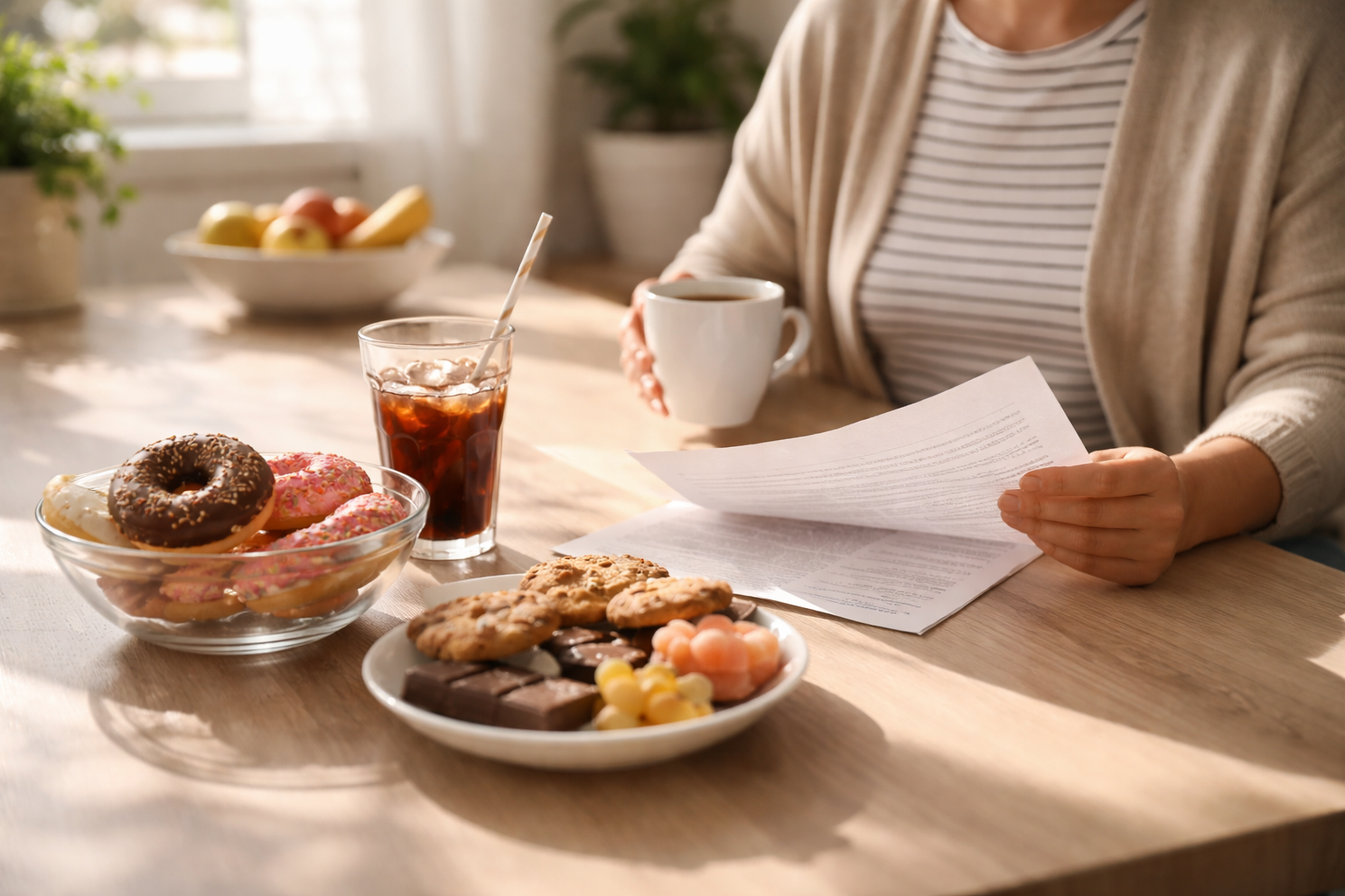 A person sitting at a wooden table holding a cup of coffee and reading a paper with desserts nearby