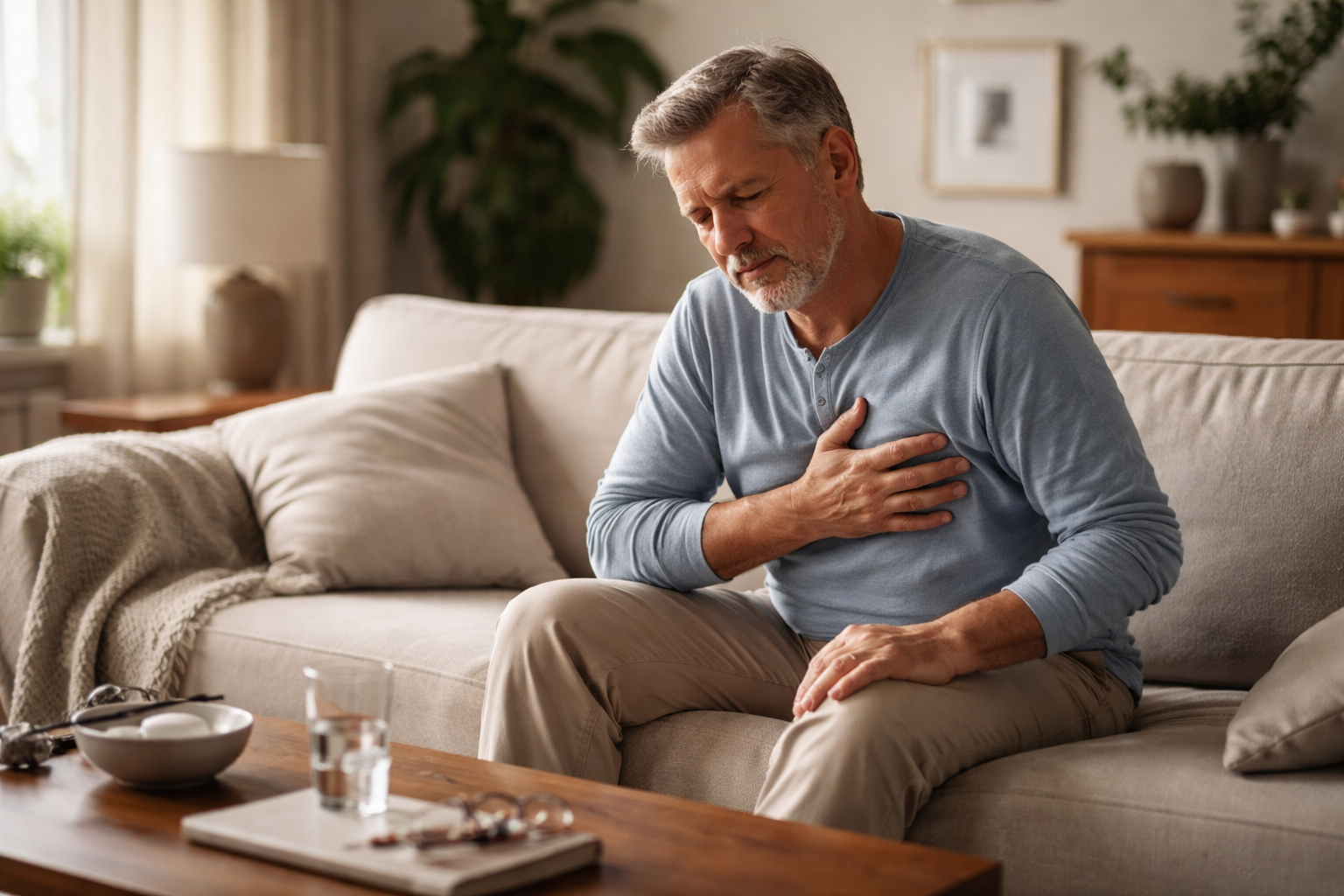 Adult sitting on sofa with hand resting on chest
