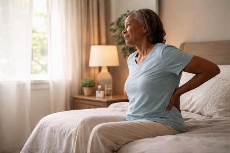 person sitting on a couch near a window with soft daylight coming through curtains